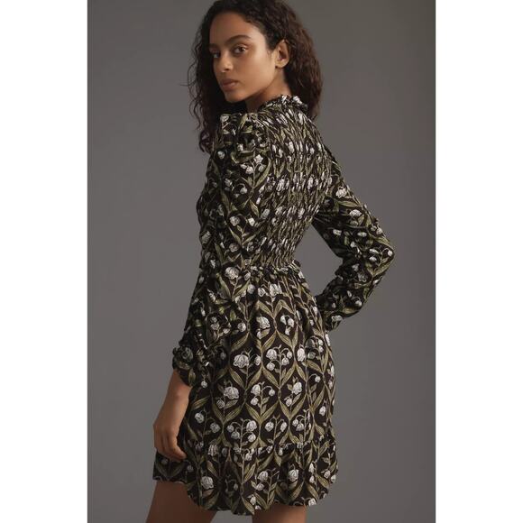 Sold! New W/Tag Anthropologie Black Floral Long Sleeve Ruffle Mini Dress Small - Picture 2 of 13